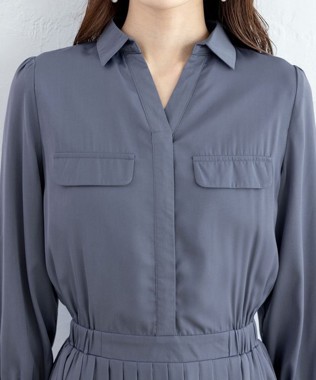 Tiaclasse 【洗える】ヴィンテージサテンシャツワンピース ブルー