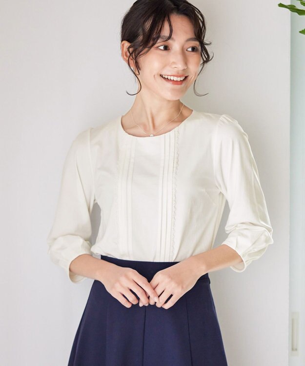 Tiaclasse 【洗える】ピンタックレースカットソーTブラウス オフホワイト