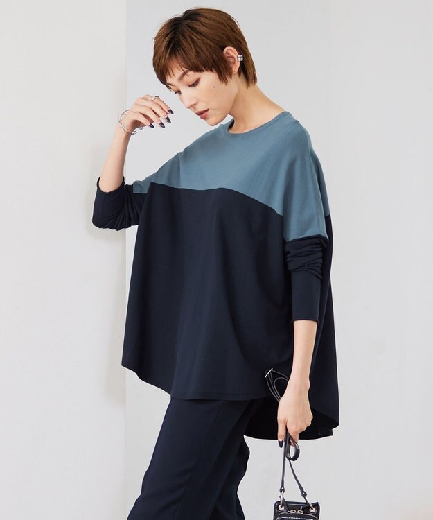 ICB 【洗える】ヴィスコースワイド プルオーバー ライトダルブルー×ネイビー系