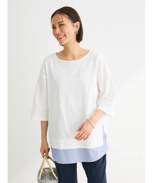 Green Parks 裾ドッキングレイヤー風７分袖プルオーバー Off White