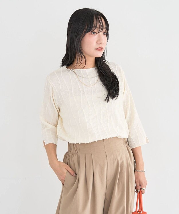 Green Parks ５分袖表面感カットプルオーバー Ecru