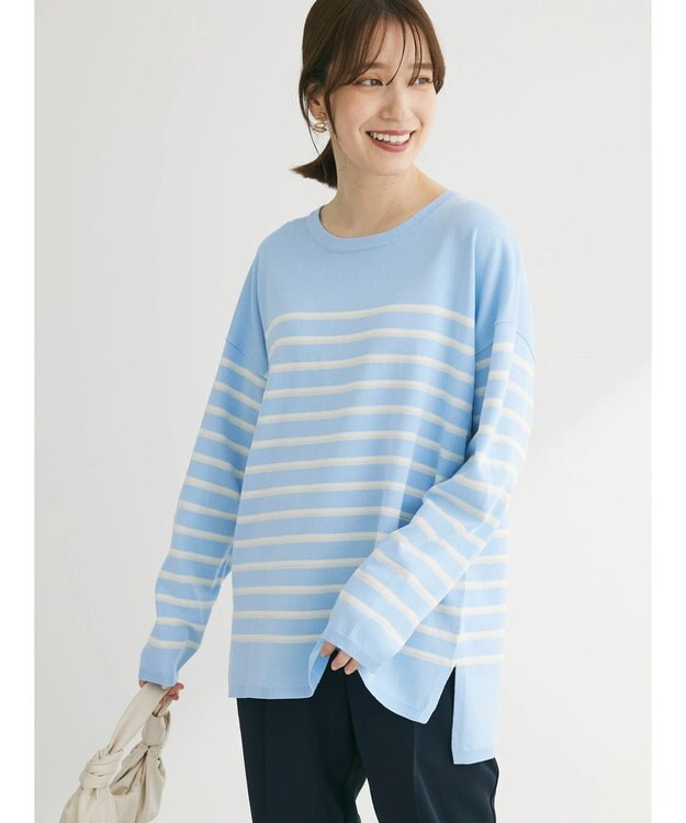 Green Parks ラメ入りボーダーニットプルオーバー Sax