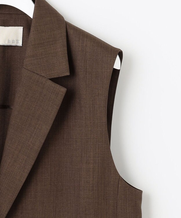 自由区 【接触冷感・速乾・UVカット・撥水・防シワ】リネンライクツイル ミドル丈ジレ ダークブラウン系