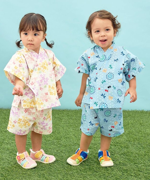 MIKI HOUSE HOT BISCUITS 【80-120cm】総柄 甚平スーツ ストームブルー