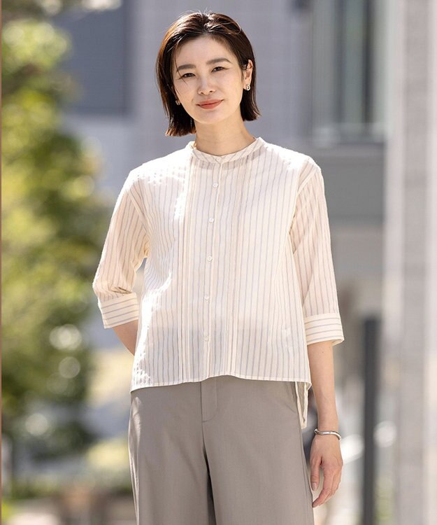 J.PRESS LADIES 【洗える】シアーピンストライプ ブラウスライク カットソー イエローベース系