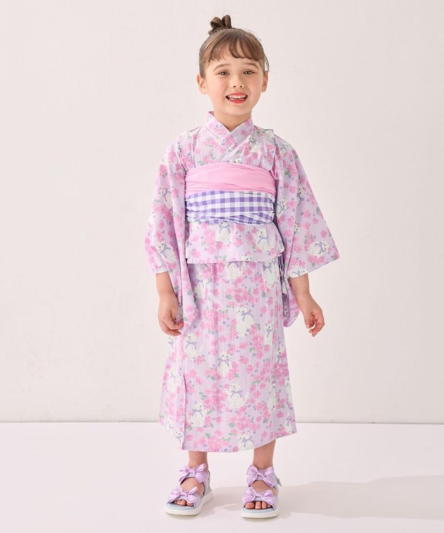 ANY KIDS 3WAY ロング丈 浴衣 セット ラベンダー×白ネコ
