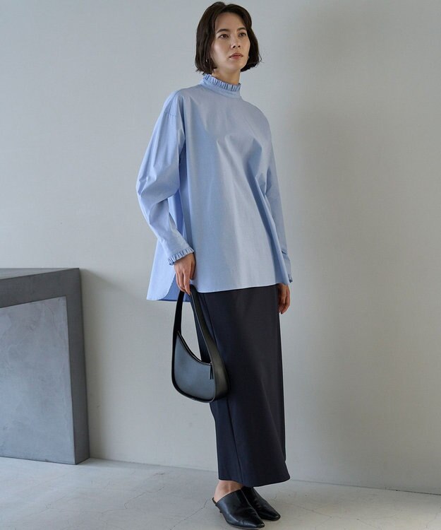 UNFILO フリルネックシャツ ブルーストライプ