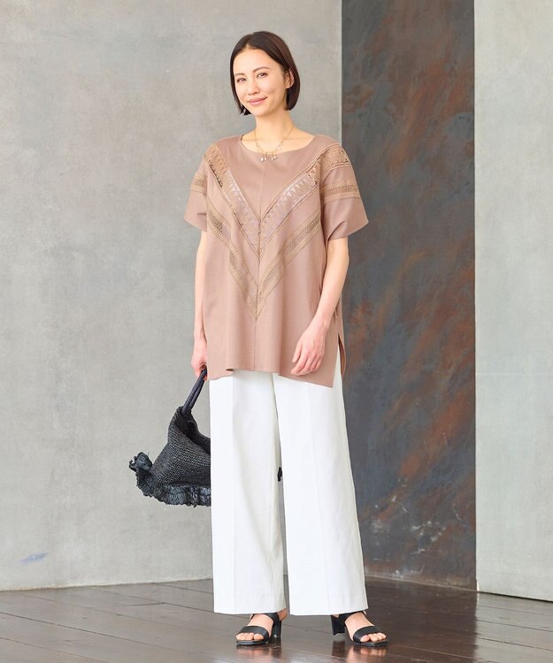 自由区 【洗える・XSサイズあり】レースEDGEフロントレース カットソー キャメル系