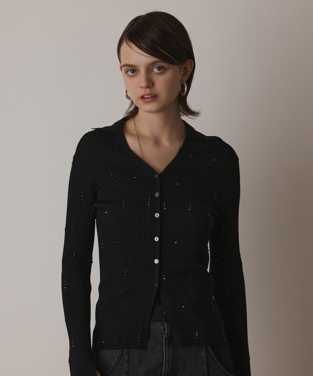 GRACE CONTINENTAL ビジューリブニットトップ ブラック