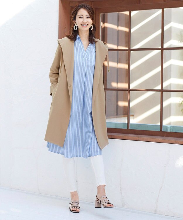 Tiaclasse 【洗える】 麻調Aラインシャツワンピース サックスストライプ