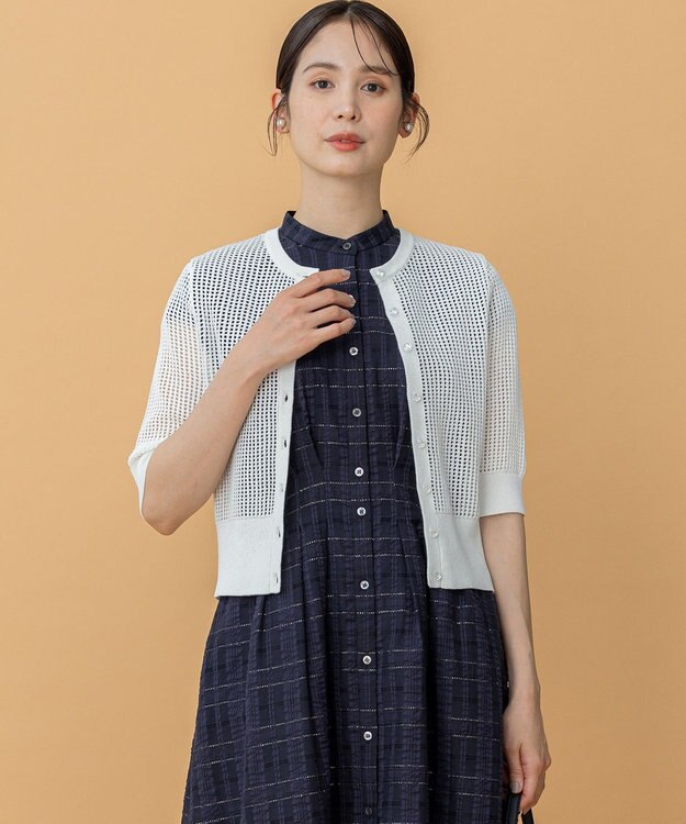 組曲 L 【前後着用可】メッシュ5分袖ニット カーディガン アイボリー系