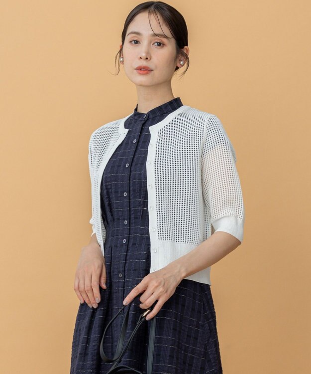 組曲 【前後着用可】メッシュ5分袖ニット カーディガン アイボリー系