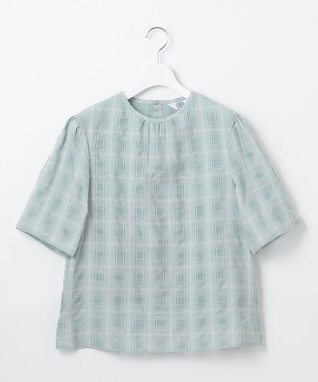J.PRESS LADIES S 【洗える】SHEER チェック フレアスリーブ ブラウス アクアグリーン系