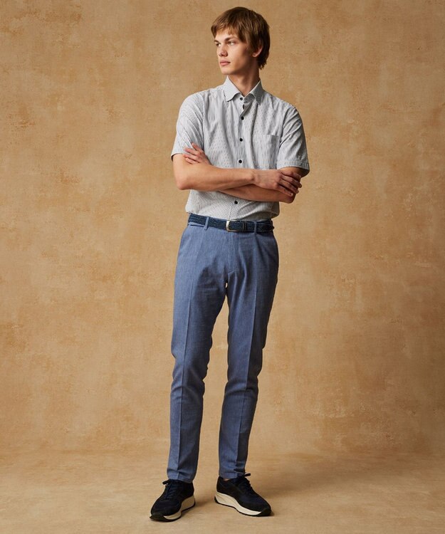 JOSEPH ABBOUD 【キングサイズ・ウエストも伸びる/清涼/ストレッチ】ストレッチリネンシャンブレーパンツ サックスブルー系