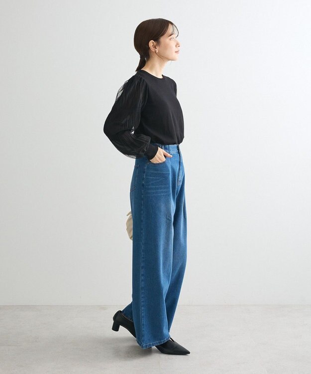 Green Parks 袖チュールマジョリカドッキングニットプルオーバー Black