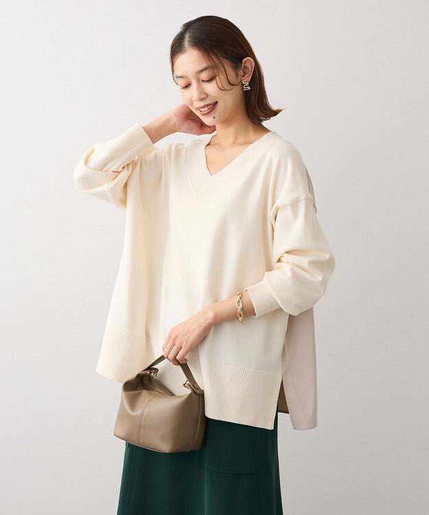 Green Parks 異素材切替ニットチュニック Ecru
