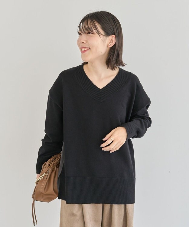 Green Parks 異素材切替ニットチュニック Black