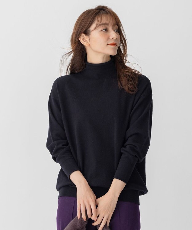 自由区 【洗える】ソフトウールハイゲージ ハイネックニット ネイビー系