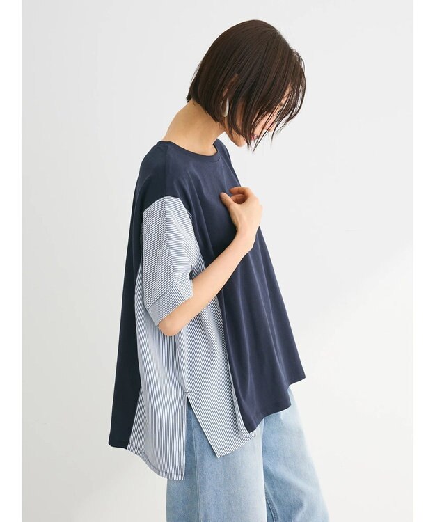 Green Parks 異素材脇切り替えドッキングプルオーバー Navy