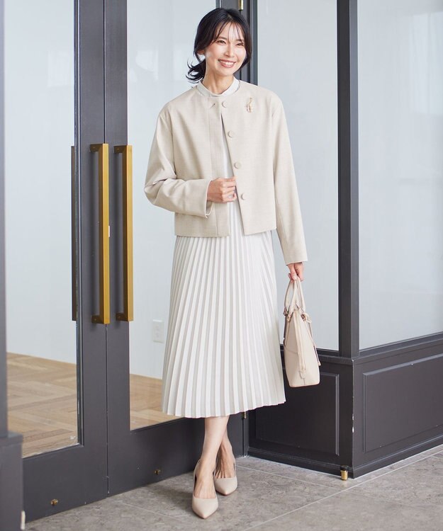 23区 【セットアップ対応】ストレッチブッチャー ノーカラー ジャケット ベージュ系