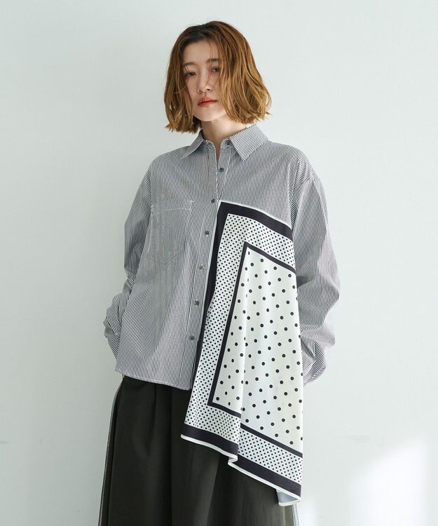 YECCA VECCA スカーフデザインアシメシャツ Stripe