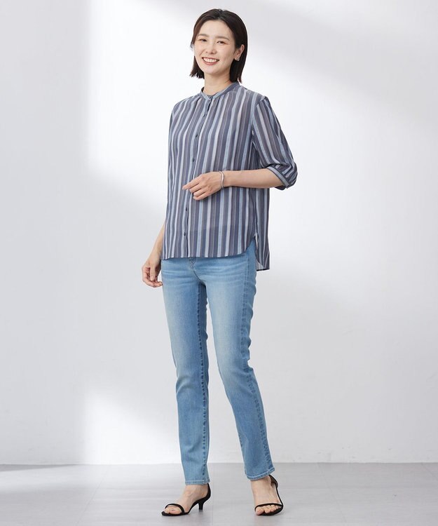 J.PRESS LADIES L 【洗える】ランダムストライプ ブラウス ネイビーストライプ系