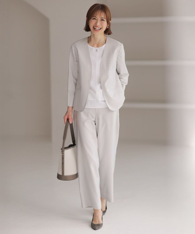 J.PRESS LADIES L 【セットアップ対応・洗える・UVケア・吸水速乾】OXIJEWELストレッチ ノーカラー ジャケット ライトグレー系