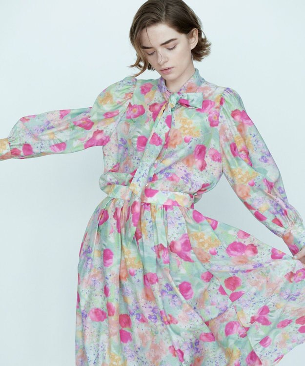 組曲 ピオニーシフォンプリント フレアスカート ピンク系5