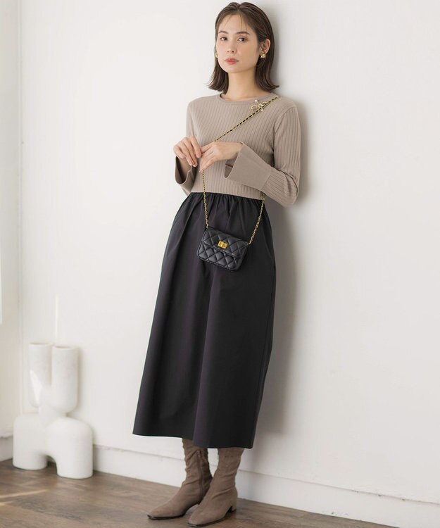 組曲 【WEB限定】リブニットコンビワンピース モカブラウン×ブラック系