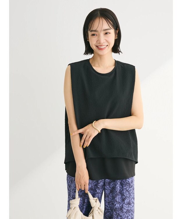 Green Parks 異素材レイヤードノースリーブブラウス Black