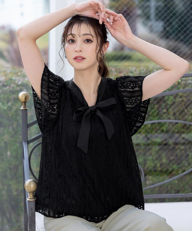 Tiaclasse 【洗える】幅広く活躍が期待できるボウタイレースブラウス ブラック