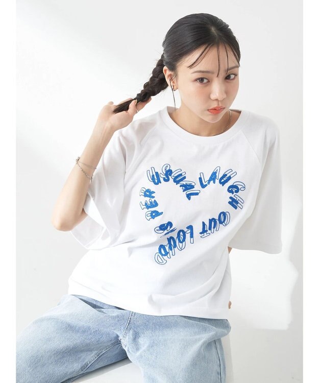 earth music&ecology ラメ刺繍ハートロゴＴ Off White