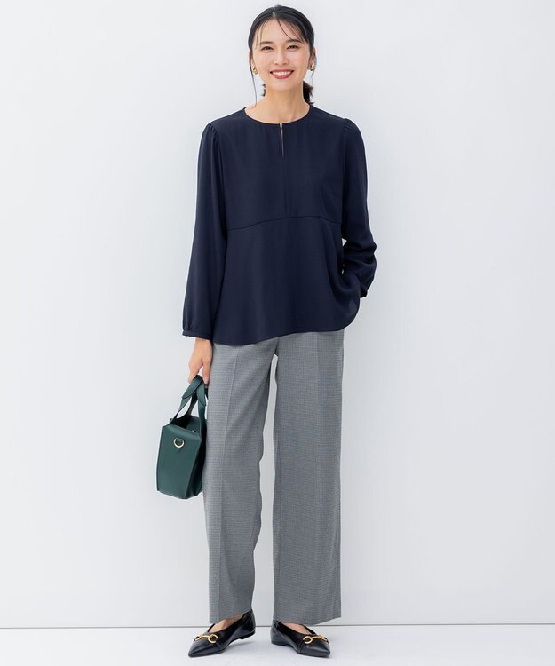 23区 L 【洗える】チェックストレッチ ワイドパンツ ブラック系3