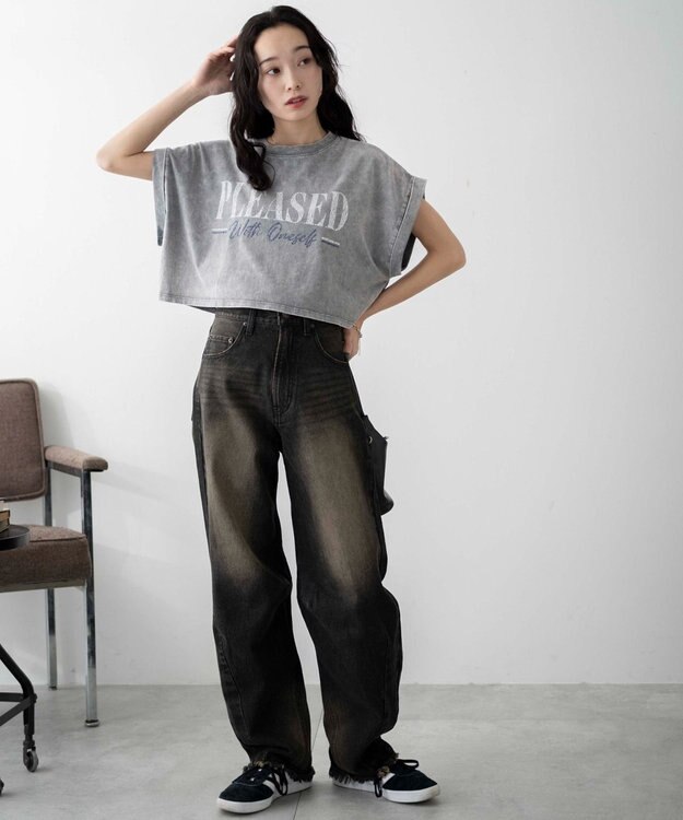 WEGO 【洗える】ヴィンテージウォッシュロールアップショートTシャツ グレーその他