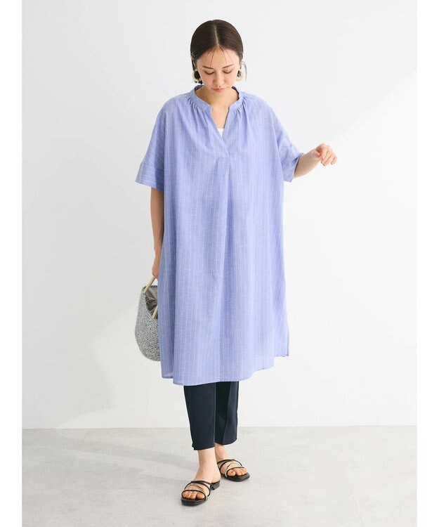 Green Parks 綿麻混スキッパーミニワンピース Stripe Sax