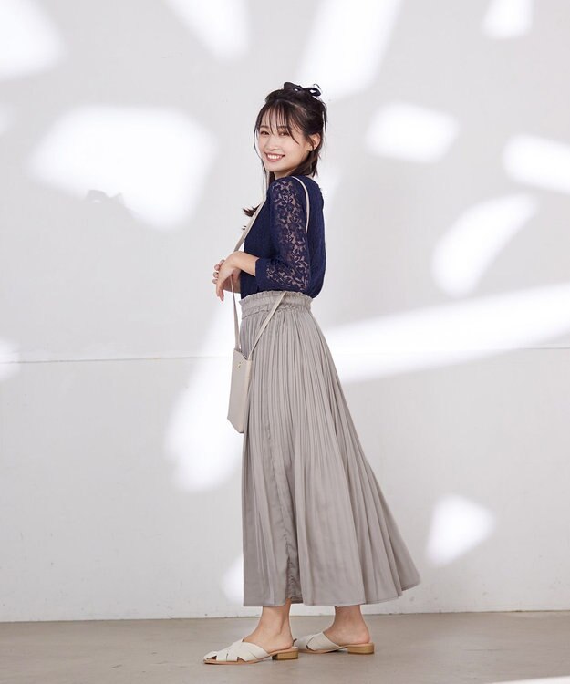 Tiaclasse 【洗える】ギャザーネックレースブラウス ネイビー