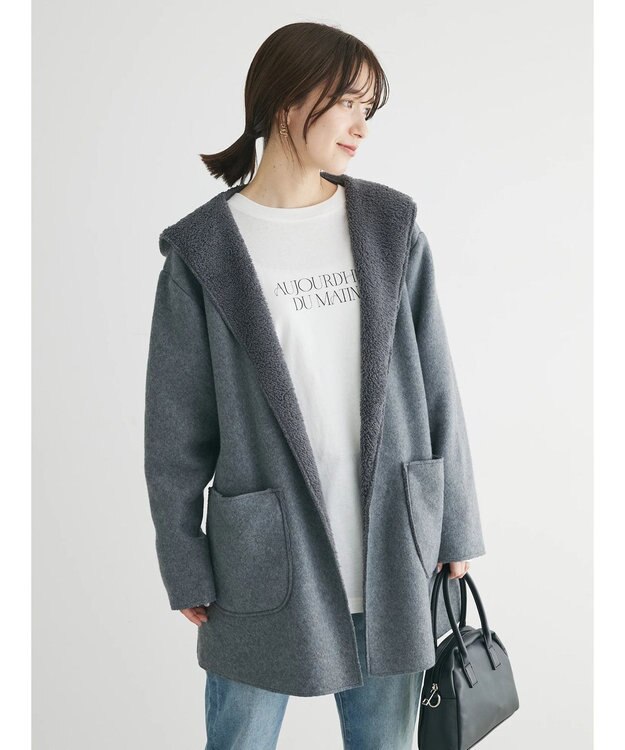 Green Parks ２ｗａｙフード裏ボアミディ丈コーディガン Gray Mixture