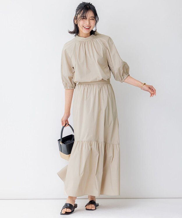 23区 S 【一部店舗限定/洗える】ハイカウントウェザーストレッチ ボウタイ付き ランタンスリーブ ブラウス ベージュ系