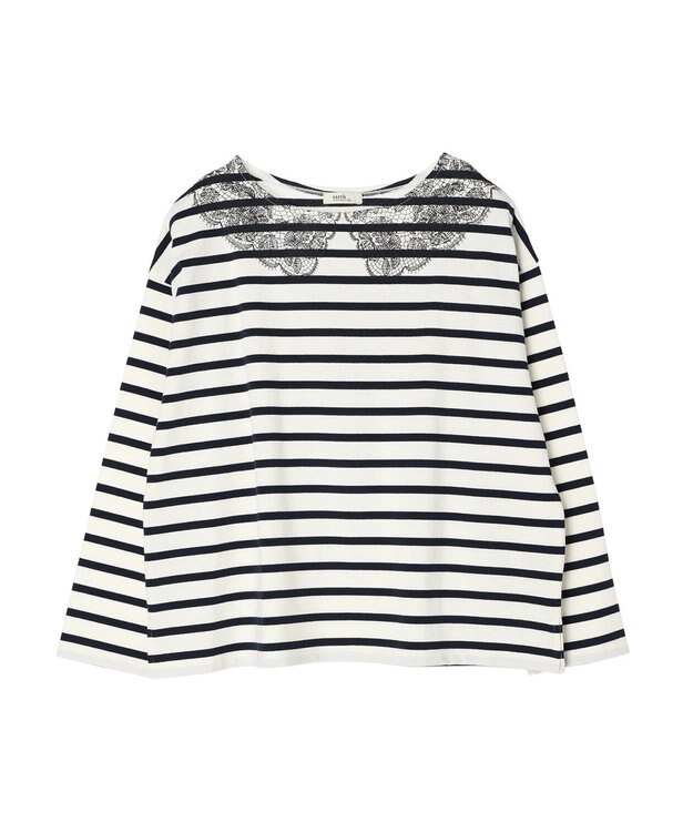 earth music&ecology レースプリントボーダープルオーバー Border Navy