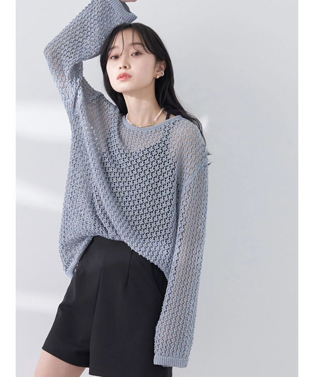 earth music&ecology メッシュ編みニットプルオーバー Grayish Blue