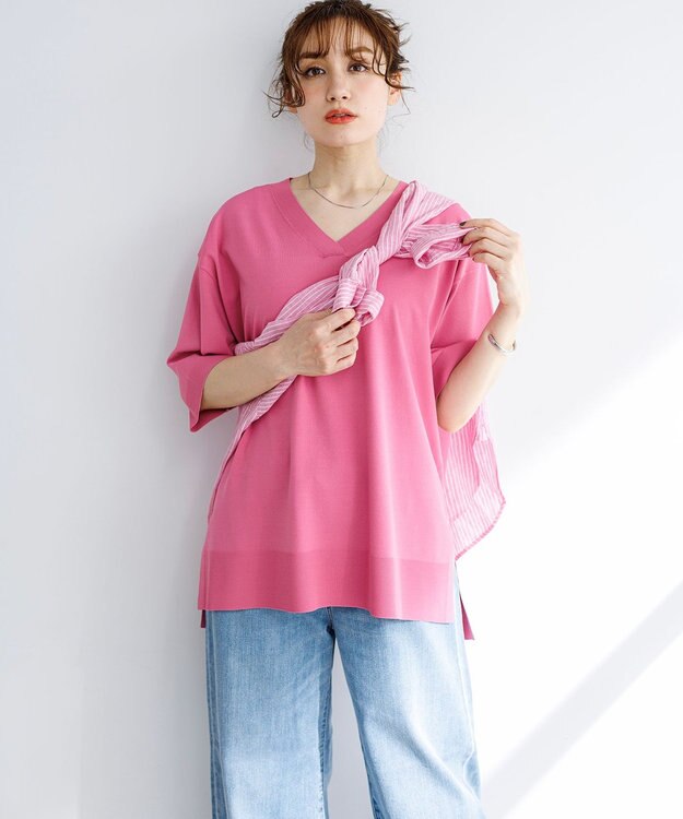 23区 L 【先行予約/WEB&一部店舗限定カラーあり/Lサイズ限定】レーヨンポリエステルストレッチ Vネック ニット [WEB&一部店舗限定カラー]ピンク系