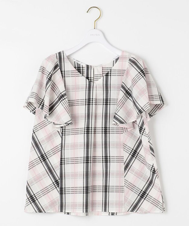 ANY SIS 【洗える】チェックフレア ブラウス オフホワイトベース