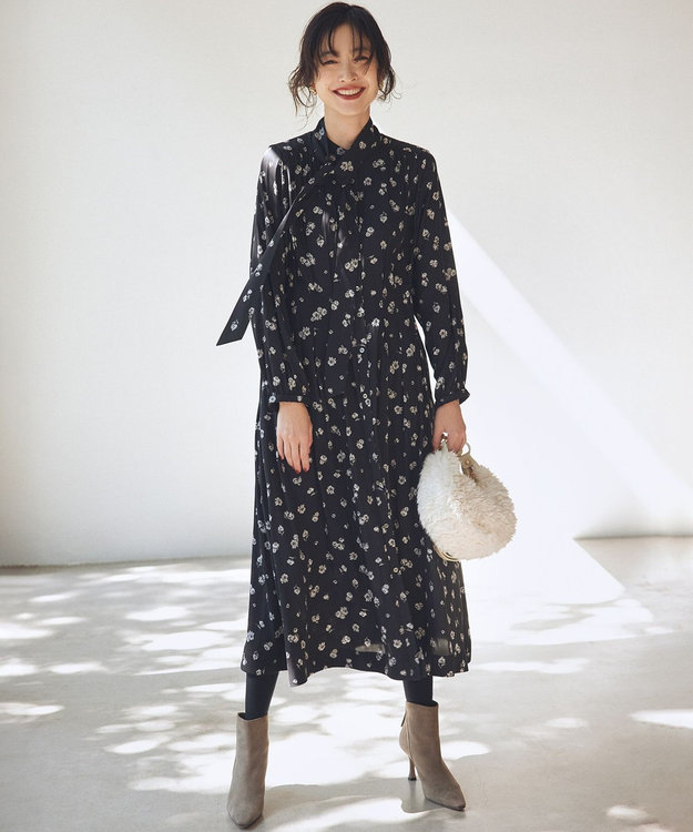 組曲 ギャザーライトデシンボウタイ付き ワンピース ブラック系5