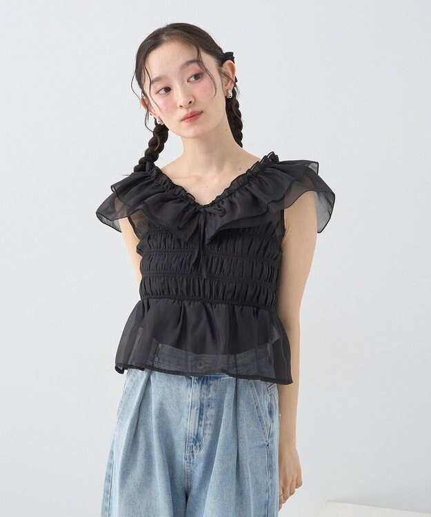 earth music&ecology ダブルフリルノースリブラウス Black