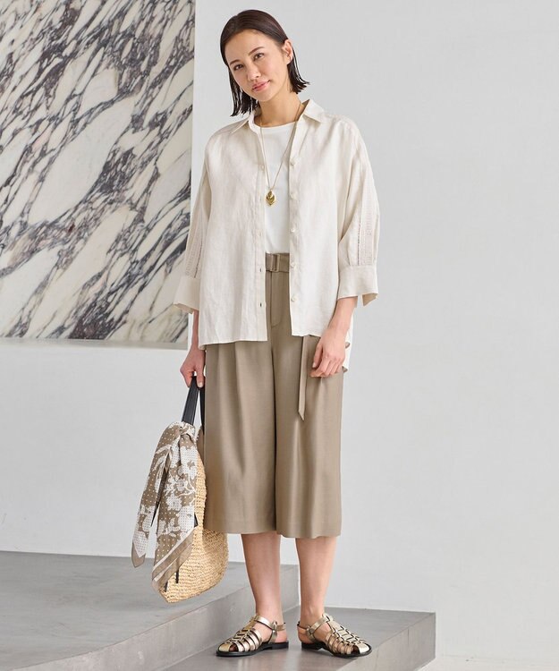 自由区 L 【洗える/セット可】エンブロイダリーリネン前開き シャツブラウス アイボリー系