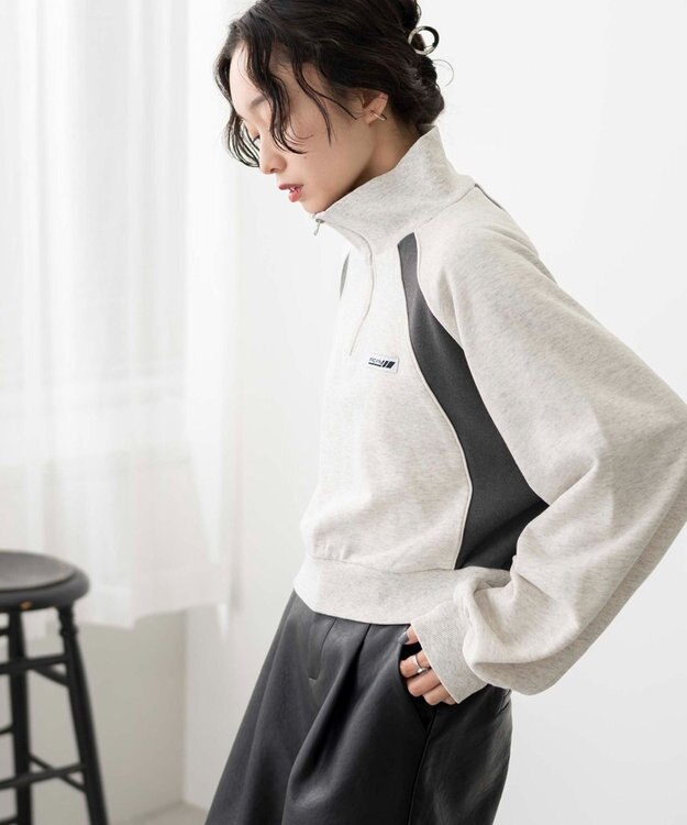 WEGO パイピング切替ショートハーフZIPスウェット 杢グレー