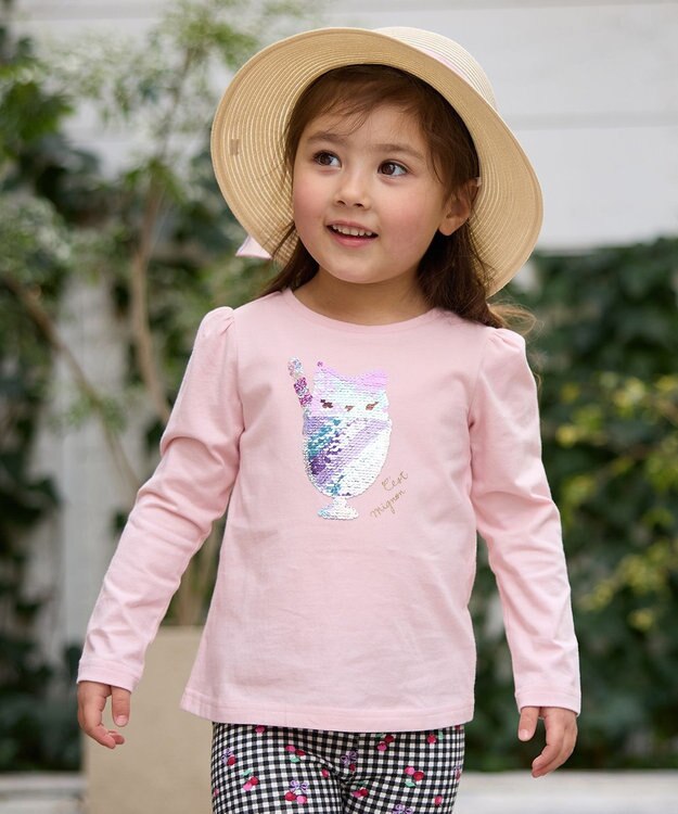 ANY KIDS ミラクルスパンコール長袖Tシャツ ピンク（ネコ×アイスクリーム）