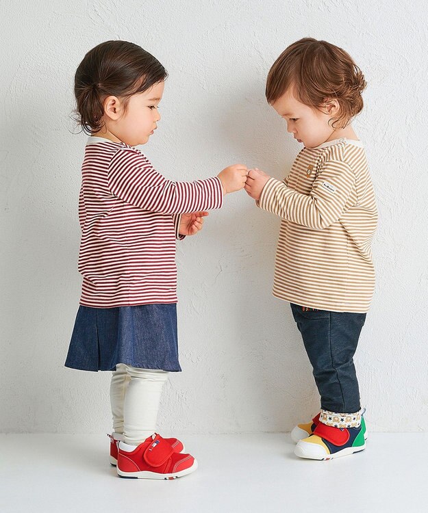 MIKI HOUSE HOT BISCUITS 【70-120cm】【Everyday Series】ワンポイント ボーダー長袖Tシャツ ワインレッド