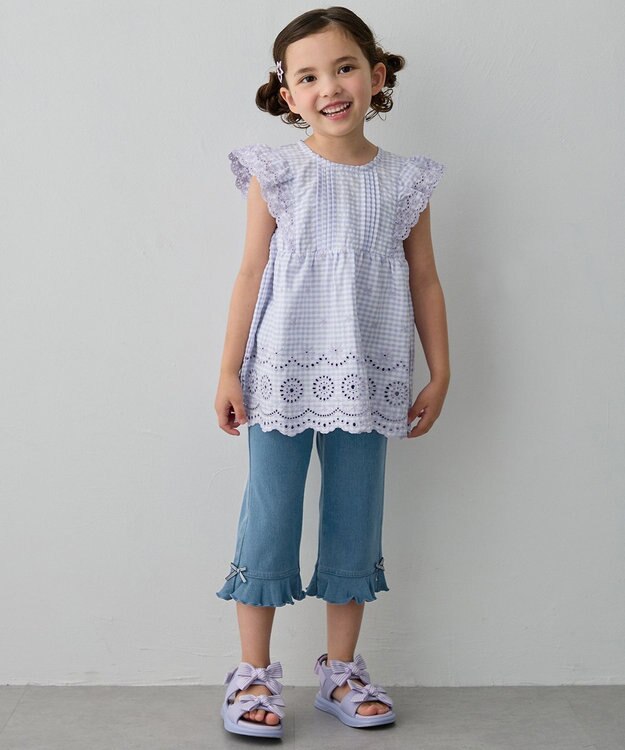 ANY KIDS ひんやり レース刺繍ブラウス 【新色】ラベンダー×ギンガム