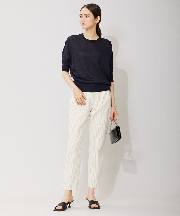 ICB L 【洗える・セットアップ対応】 LooseWeave ストライプ柄テーパードパンツ オフホワイト×ブラック系